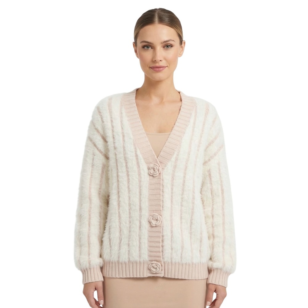 Oliver O Women's Large Fuzzy Knit Striped Floral Buttons Winter Cardigan Jacket